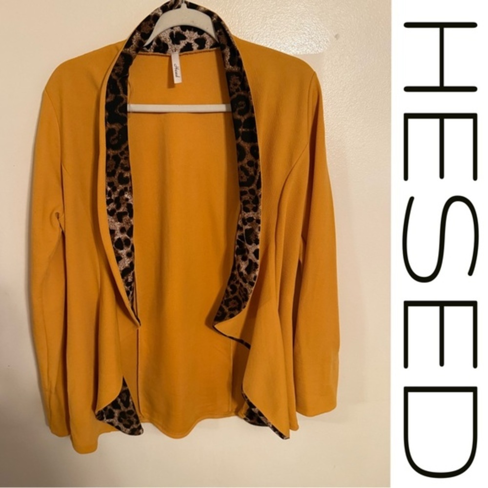 Hesed Mustard Yellow Brown Leopard Trim Open Front Cardigan Blazer Size S - Picture 2 of 6